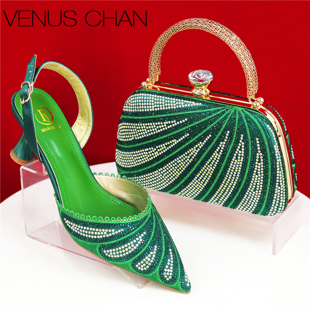 Women Bags Medium Size - Sparkling Rhinestone Green Pumps With Medium