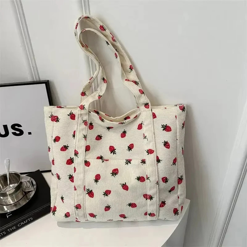Women Bags Medium Size - Corduroy Handbag Strawberry Print Beach Bag