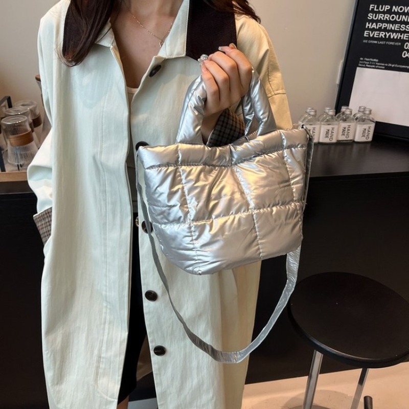 Women Hand Bags For Office - Women's Silver Quilted Nylon Mini Bag